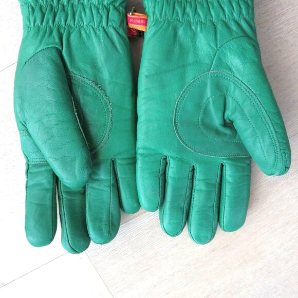 Vintage Kombi Green Leather Gloves Quilted Design Elastic Cuff Nylon Fleece Line - Picture 6 of 6